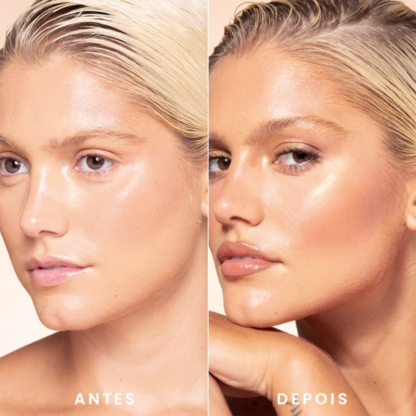 A imagem mostra um antes e depois de uma modelo usando o bronzer.