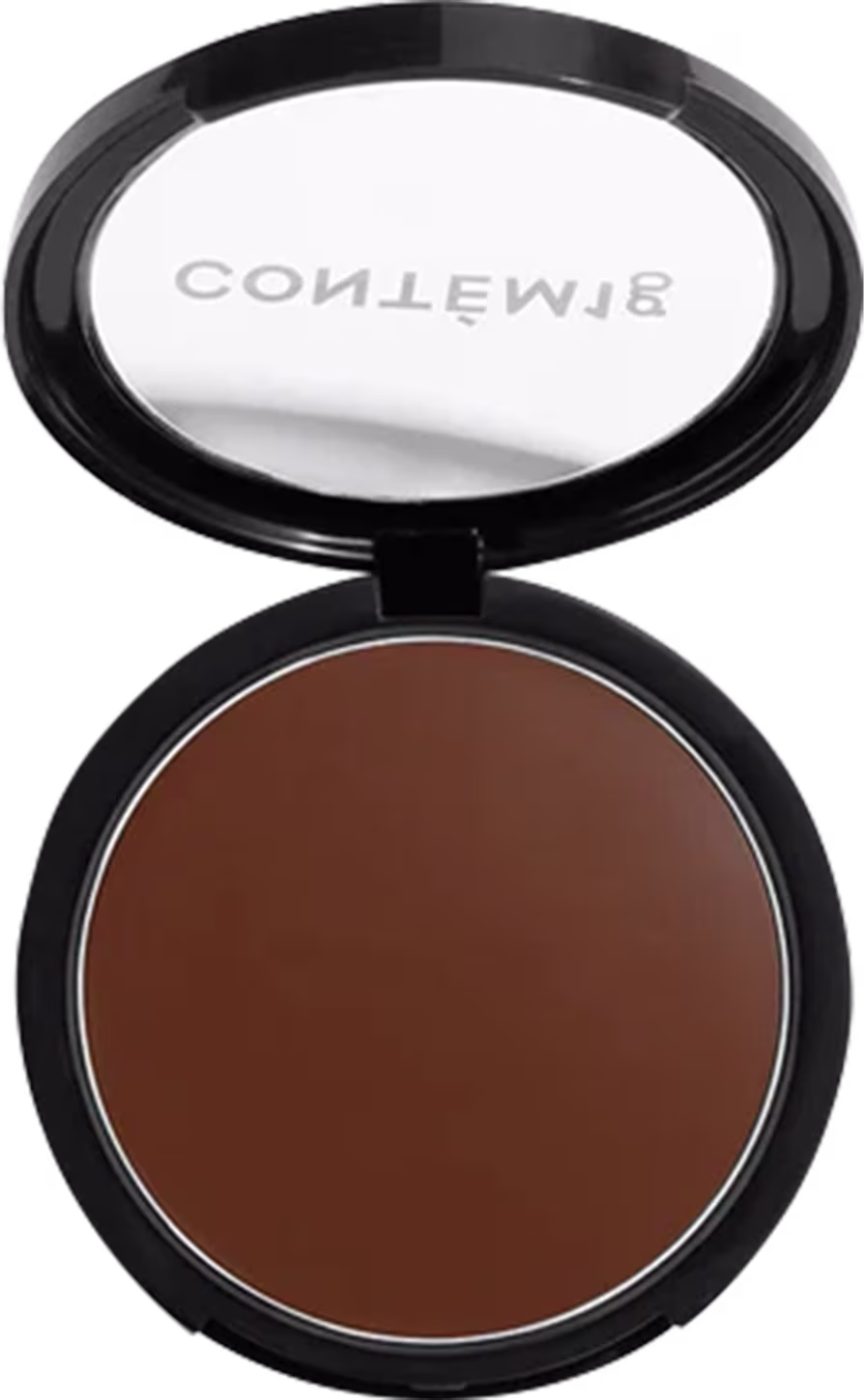 A imagem mostra uma embalagem aberta de bronzer cremoso. A embalagem é preta com parte transparente e o logo da marca em branco.