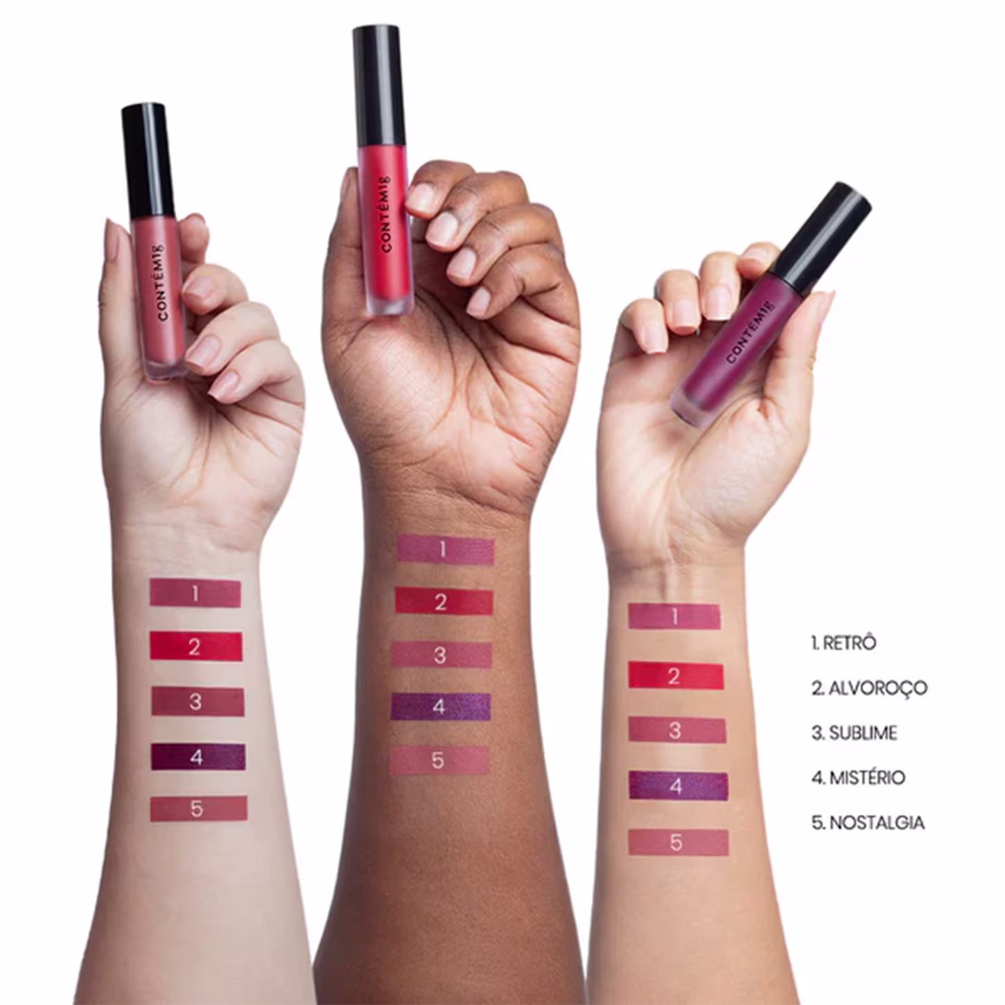 A imagem mostra três antebraços com tons de pele diferentes e amostra das cores nos três. As mãos estão segurando um batom e, ao lado, o nome das cinco cores deste modelo.