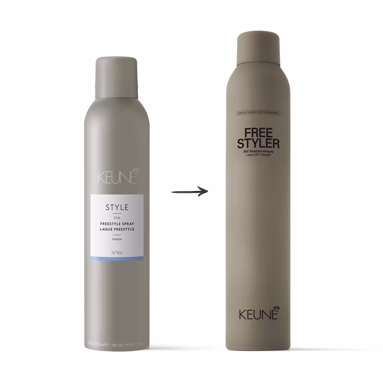 A imagem mostra dois produtos da marca Keune. À esquerda, "Style Freestyle Spray Laque Freestyle Finish N°86". À direita, "FREE STYLER dry brushable hairspray". Uma seta entre eles indica que o produto à esquerda é substituído para o produto à direita.
