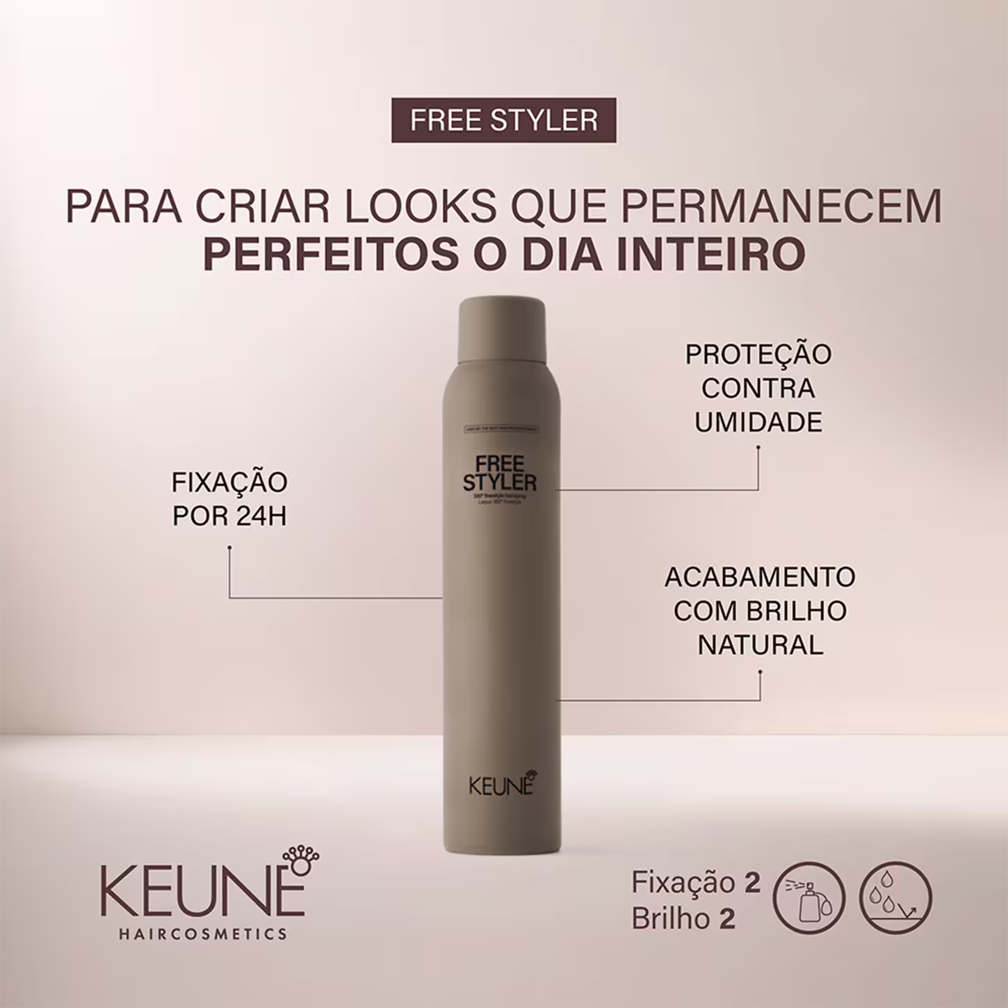 A imagem mostra o spray fixador "Free Styler" e texto que destaca que o produto cria penteados que permanecem perfeitos por 24 horas, oferece proteção contra umidade e proporciona um acabamento com brilho natural. Exibe os níveis de fixação 2 e brilho 2.