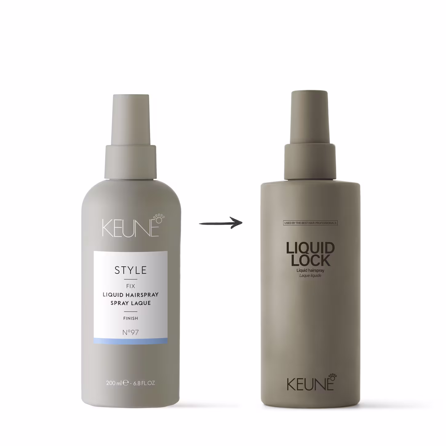 Dois produtos da marca Keune. À esquerda, o produto "Style Fix Liquid Hairspray" . À direita, o "Liquid LockHairspray".Uma seta entre eles indica que o produto à esquerda é substituído ou evolui para o produto à direita.
