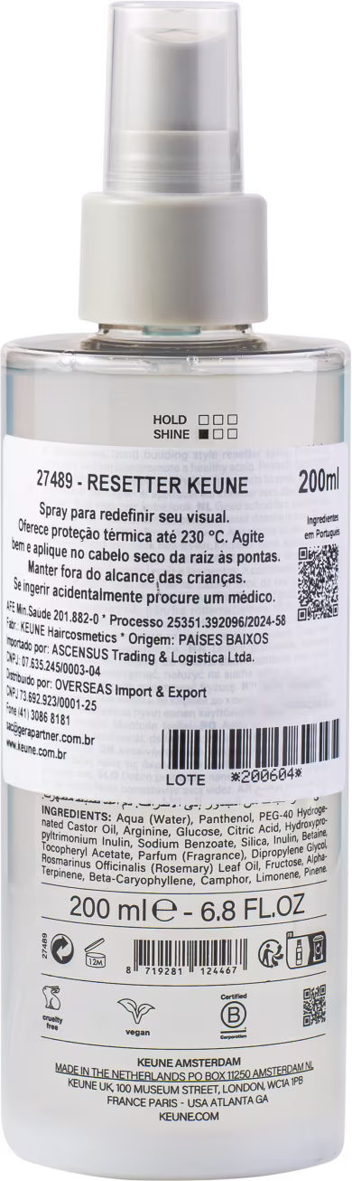 A imagem mostra o rótulo do produto Resetter da Keun listando Ingredientes e informações gerais como benefícios e instruções de uso.