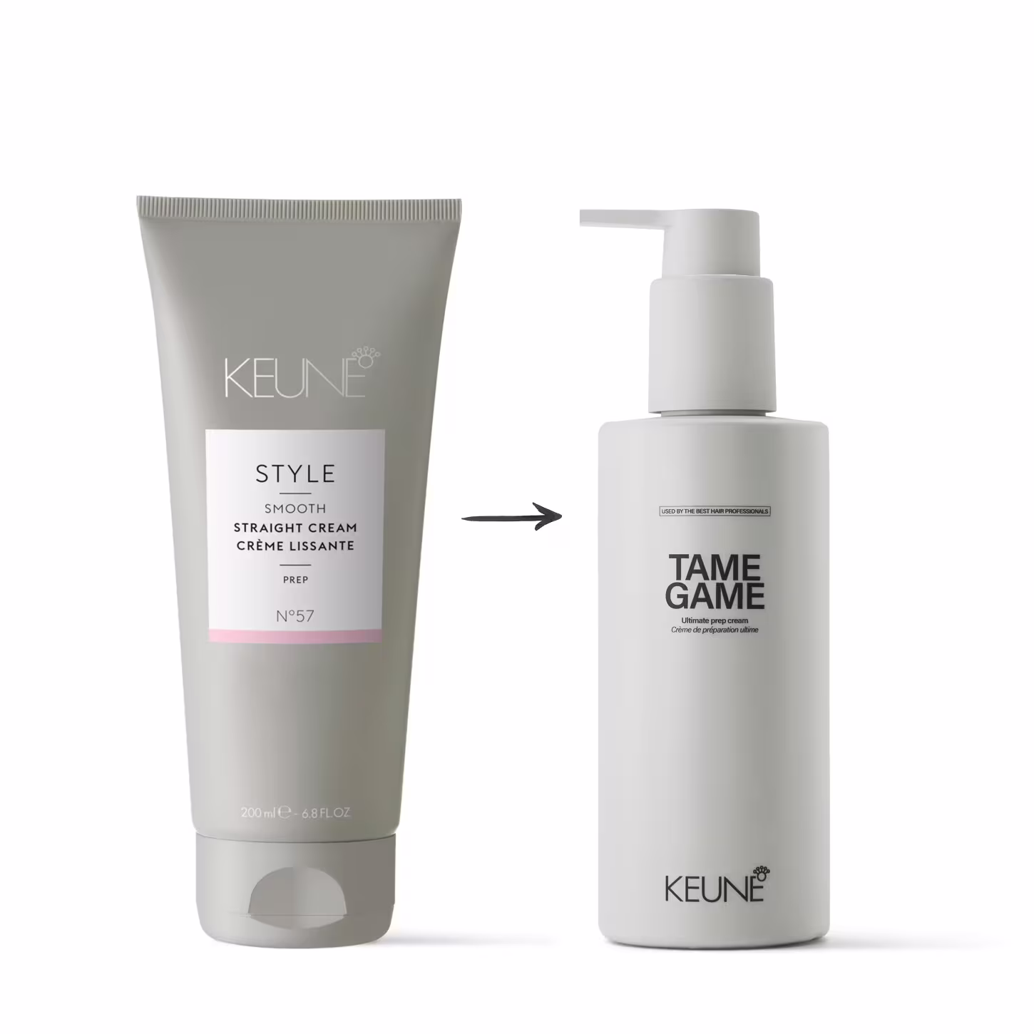 A imagem mostra dois produtos da marca Keune. À esquerda, o "Style Smooth Straight Cream". À direita,  o "Tame Game". Uma seta entre eles indica que o produto à esquerda é substituído para o produto à direita.