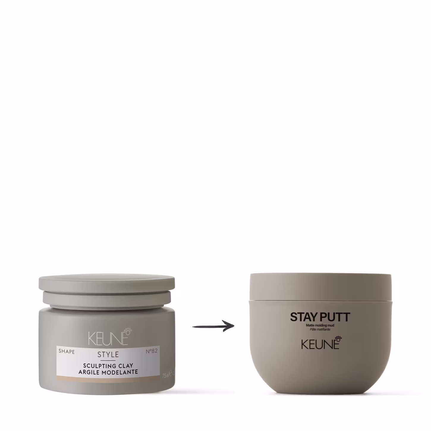 O produto à esquerda é o Shape Style da Keune. O produto à direita é a pasta modeladora "Stay Putt" da Keune. Uma seta entre eles indica que o produto à esquerda é substituído para o produto à direita.