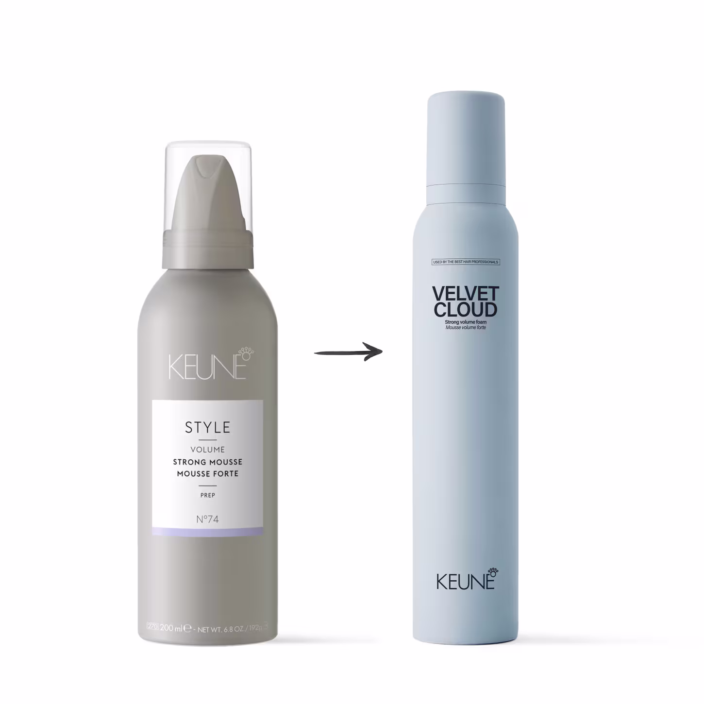 A imagem mostra dois produtos da marca Keune. À esquerda, Style Volume Strong Mousse. À direita, "Velvet Cloud". Uma seta entre eles indica semelhança ou substituição dos produtos.