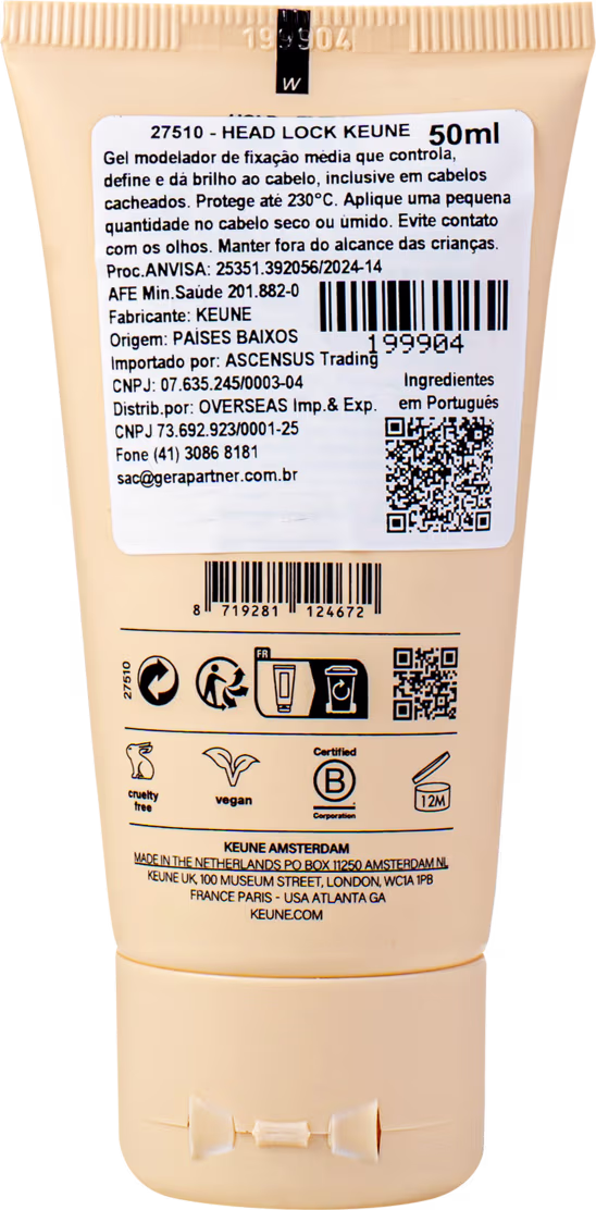 A imagem mostra a parte de trás do produto com 200ml de capacidade. Apresenta o rótulo com informações detalhadas do produto em português, incluindo nome "Head Lock Keune", descrição como gel modelador de fixação média, instruções de uso e ingredientes.