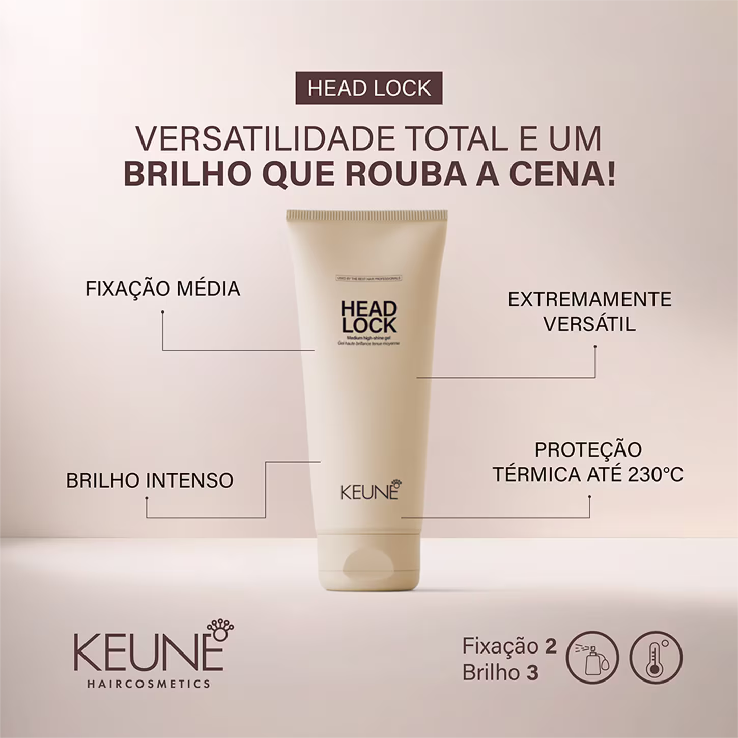 Traz a imagem do Gel Fixador "Head Lock"  e texto sobre o produto: "Versatilidade total e um brilho que rouba a cena", "Fixação média", "Extremamente versátil", "Brilho intenso" e "Proteção térmica até 230°C".
