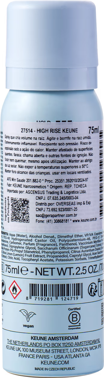 A imagem mostra o rótulo na parte de trás do produto High Rise Keune. Apresenta código de barras, instruções de uso, composição e outras informações técnicas impressas na embalagem.