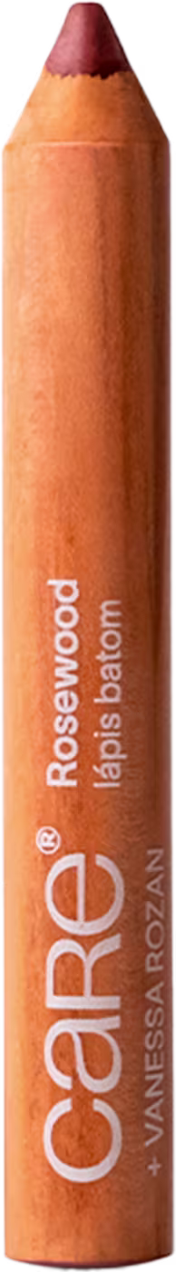 Lápis de batom em formato cilíndrico de madeira. Cor marrom avermelhada. Rótulo laranja com o texto "Care" e "Rosewood" impresso.