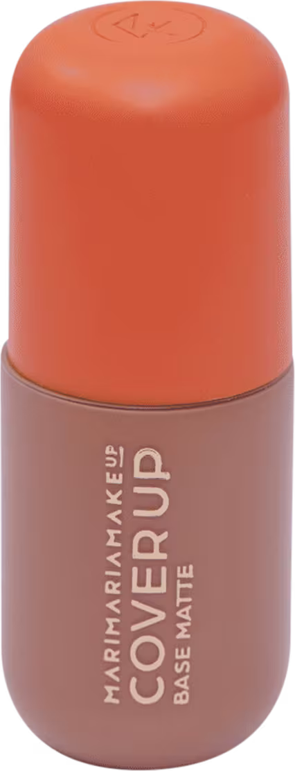 Base Líquida Mari Maria Cover Up FPS35 MM21O 35g com embalagem arredondada de tampa laranja.