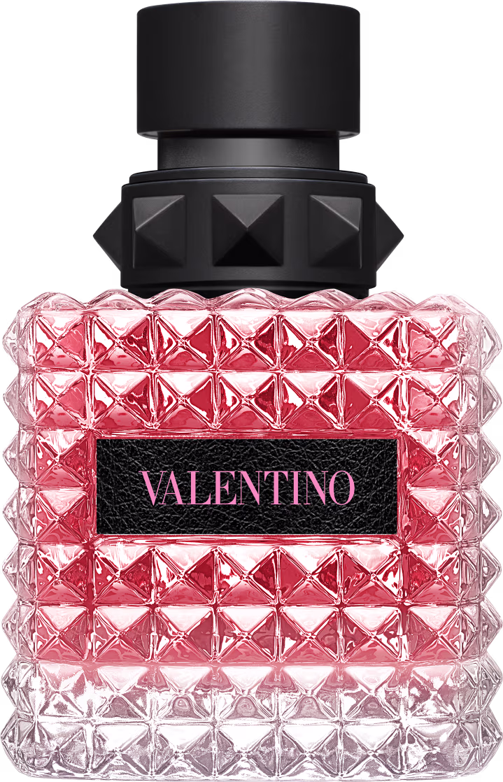 Frasco de perfume Valentino com design geométrico em vidro rosa e detalhes em preto, contendo o nome da marca em destaque.