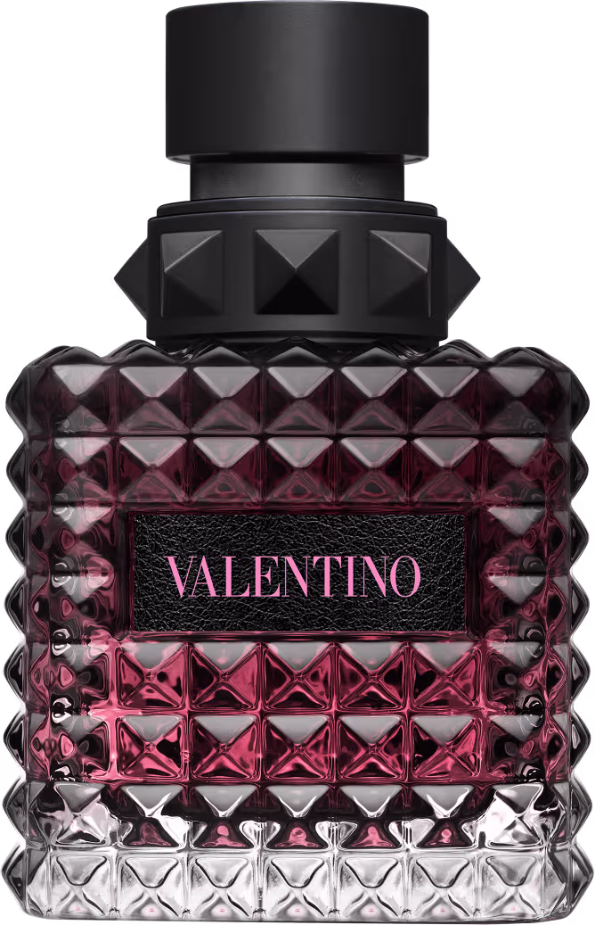 Frasco de perfume Valentino com design facetado em tons de rosa e preto, com rótulo destacado em letras pretas.