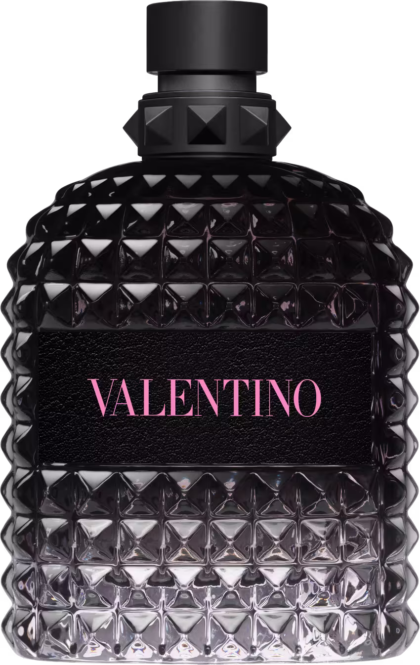 Frasco de perfume Valentino preto com design geométrico em relevo e rótulo com o nome da marca em rosa. O frasco possui formato cilíndrico com tampa preta.