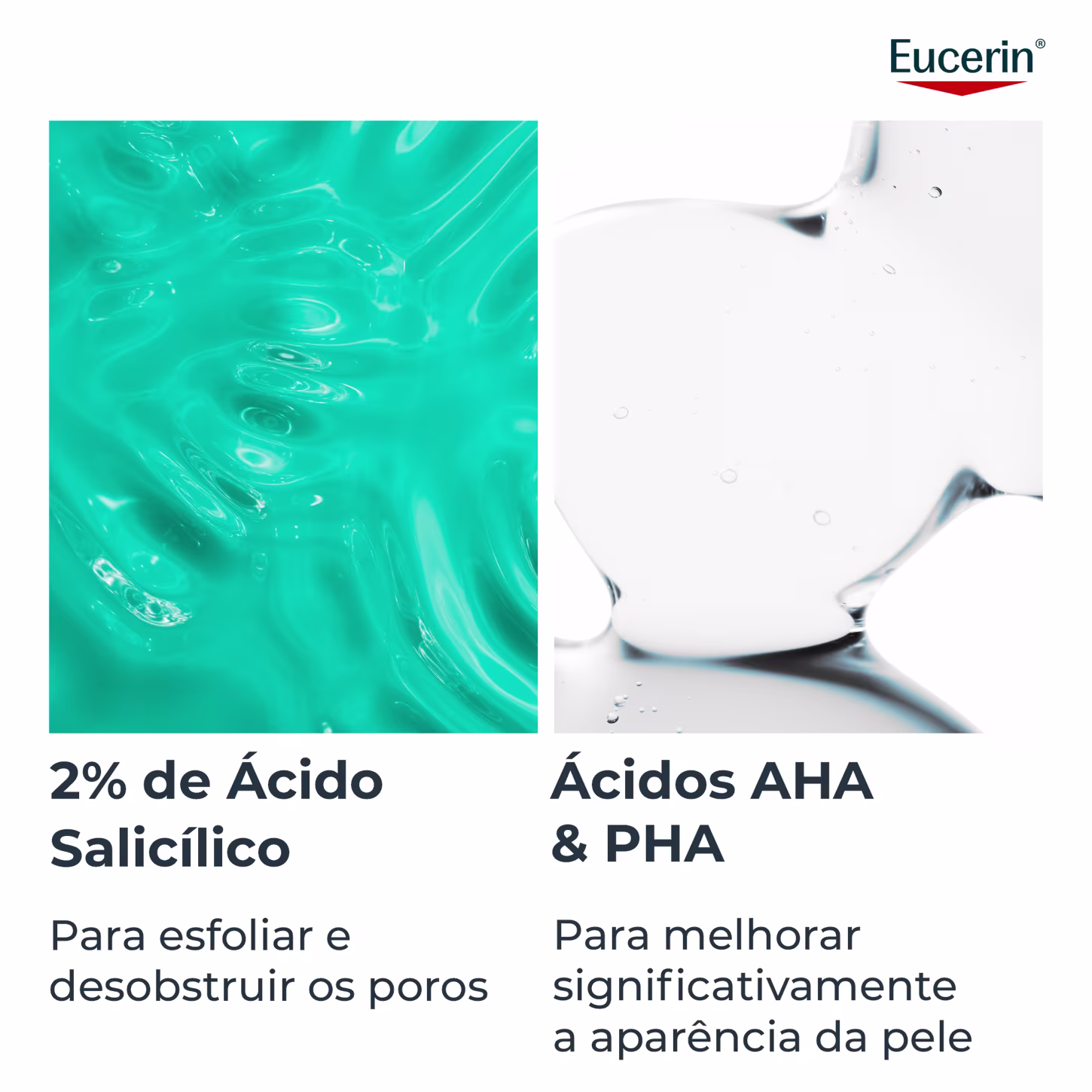 Embalagem de produto de cuidados para pele da marca Eucerin, com informações sobre 2% de ácido salicílico e ácidos AHA & PHA para esfoliar e desobstruir os poros, além de melhorar significativamente a aparência da pele.