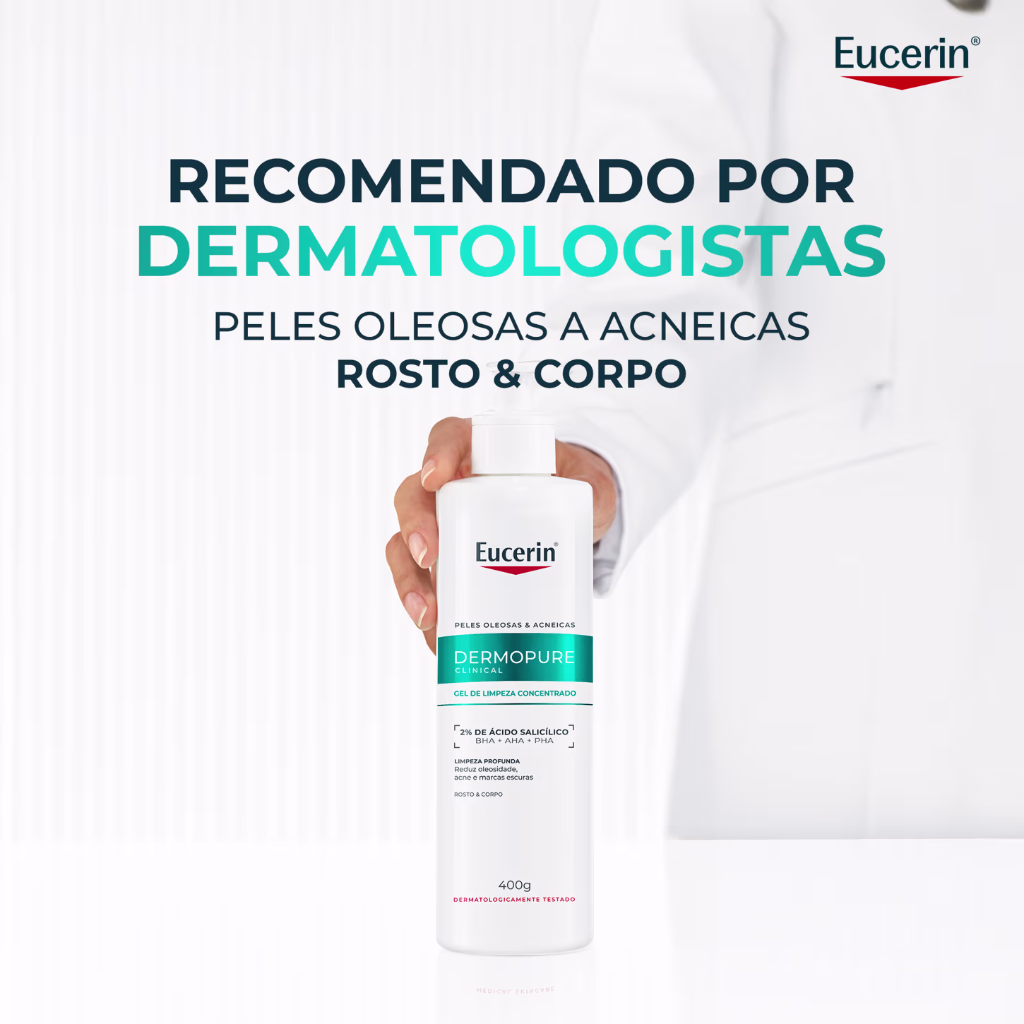 Imagem de um produto da marca Eucerin, um gel de limpeza concentrado para peles oleosas e acneicas, com texto "Recomendado por dermatologistas" e "Peles oleosas a acneicas, rosto & corpo".