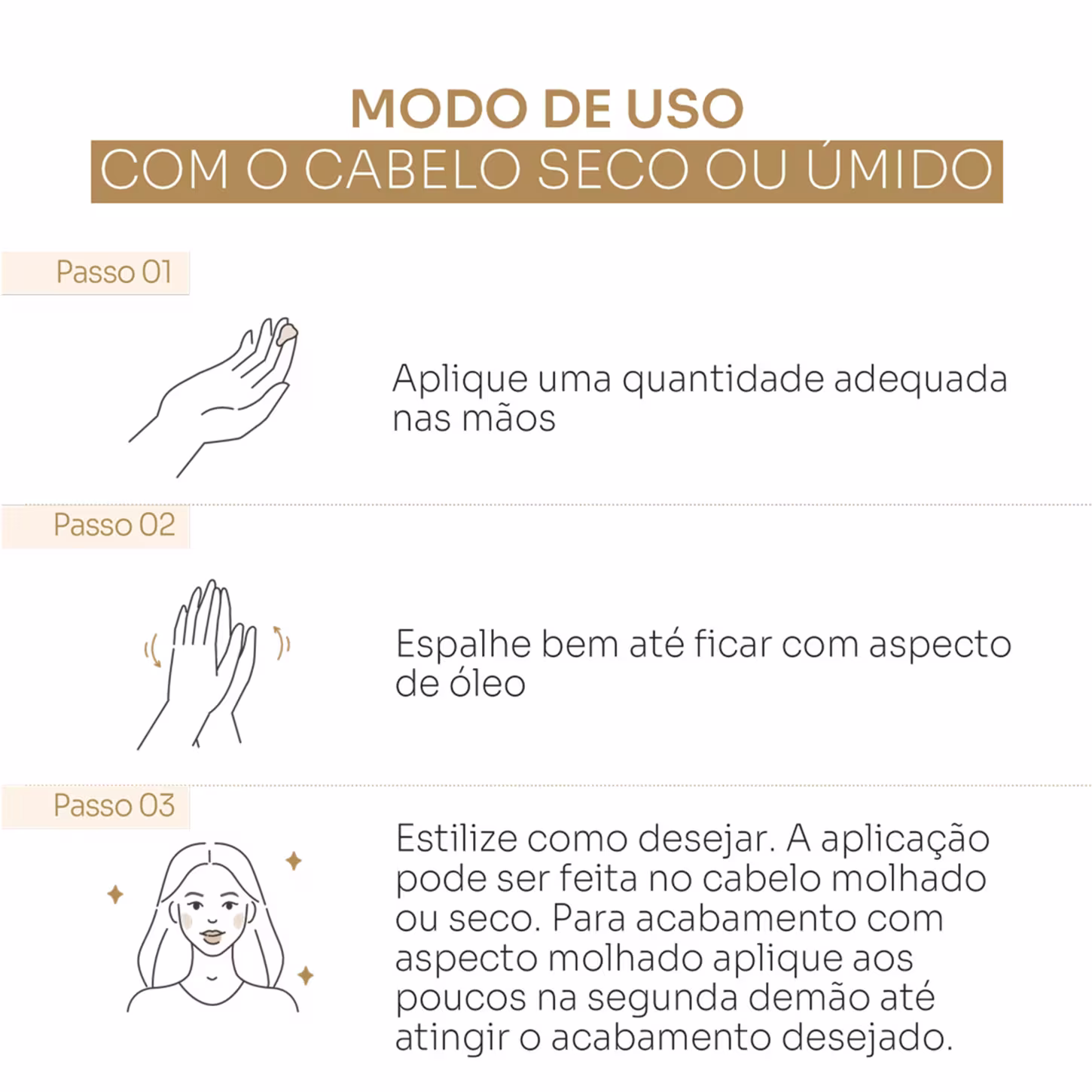 Passo a passo do modo de uso no cabelo seco ou úmido.
