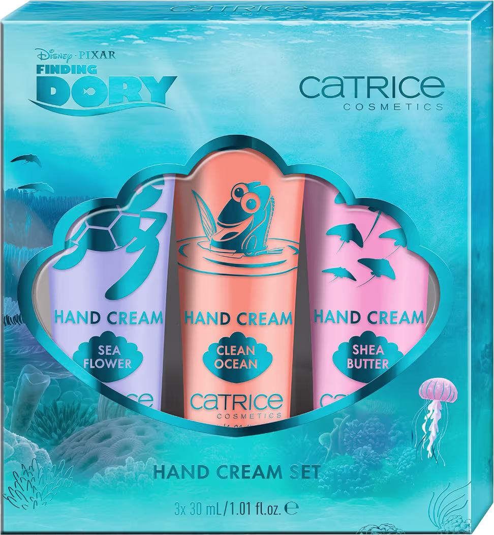 Kit Catrice Disney Pixar Procurando Dory para Mãos com três cremes hidratantes para as mãos mini de 30ml cada.