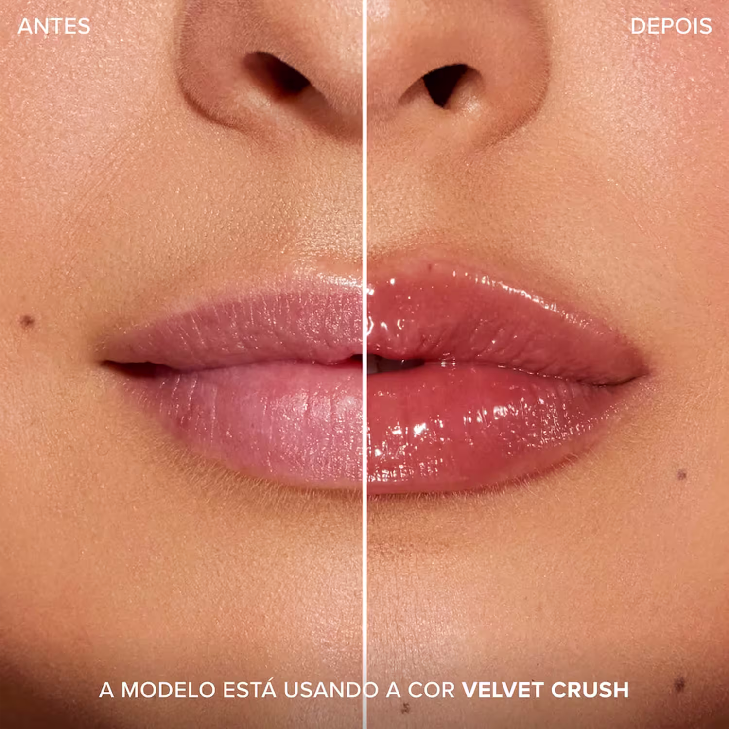 A imagem mostra antes e depois do uso do gloss labial, com foco nos lábios. Frase: A modelo está usando a cor Velvet Crush