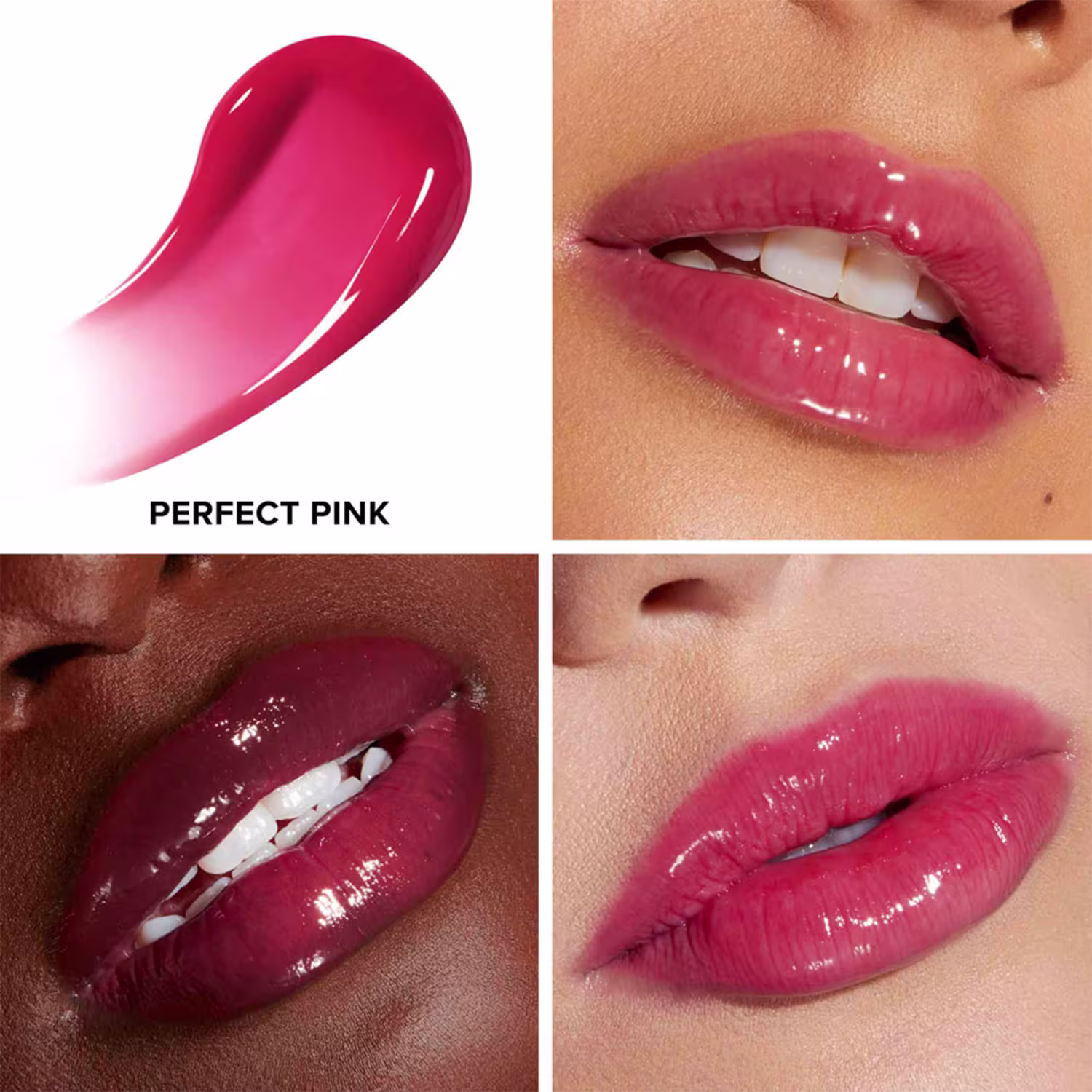 As imagens mostram o resultado da cor do Gloss Labial Too Faced Lip Injection Extreme Plumping Clicks Perfect Pink em diferentes tons de lábios.