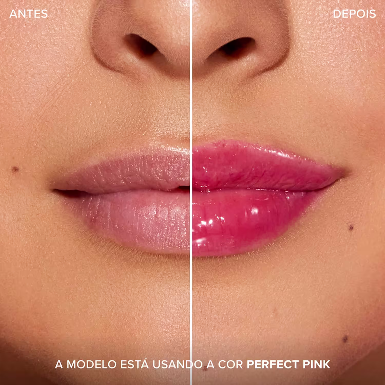 A imagem mostra antes e depois do uso do gloss labial, com foco nos lábios. Frase: A modelo está usando a cor Perfect Pink