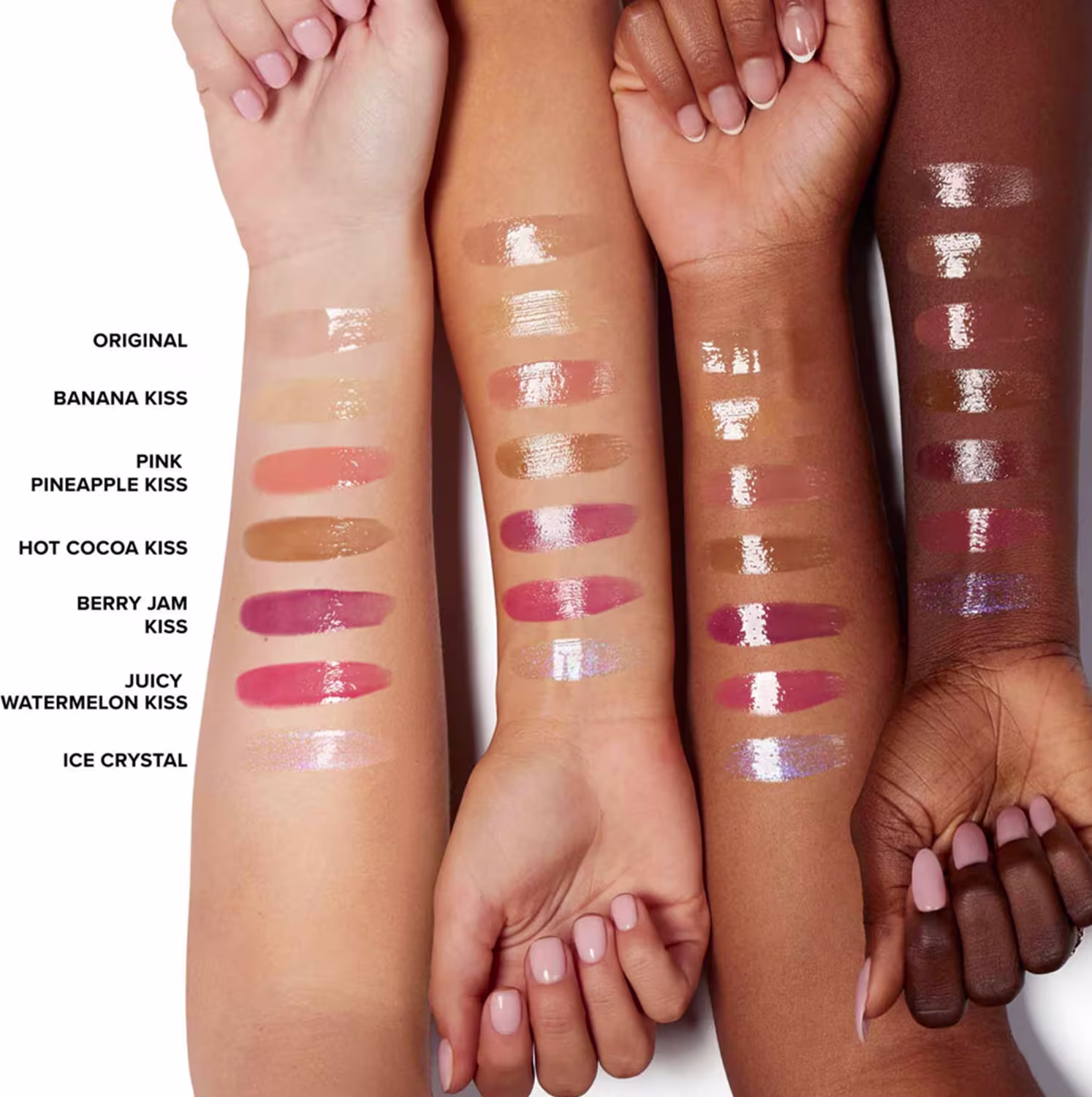 Amostra das 7 cores do Hidratante Labial Too Faced Pillow Balm
