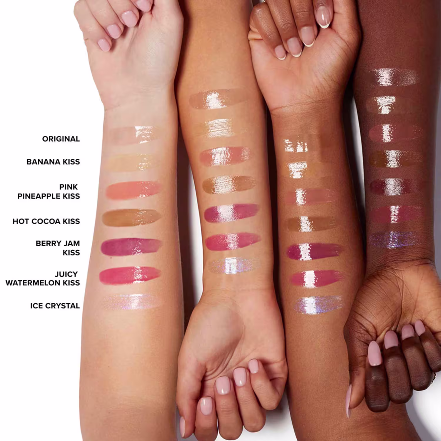 Amostra das 7 cores do Hidratante Labial Too Faced Pillow Balm