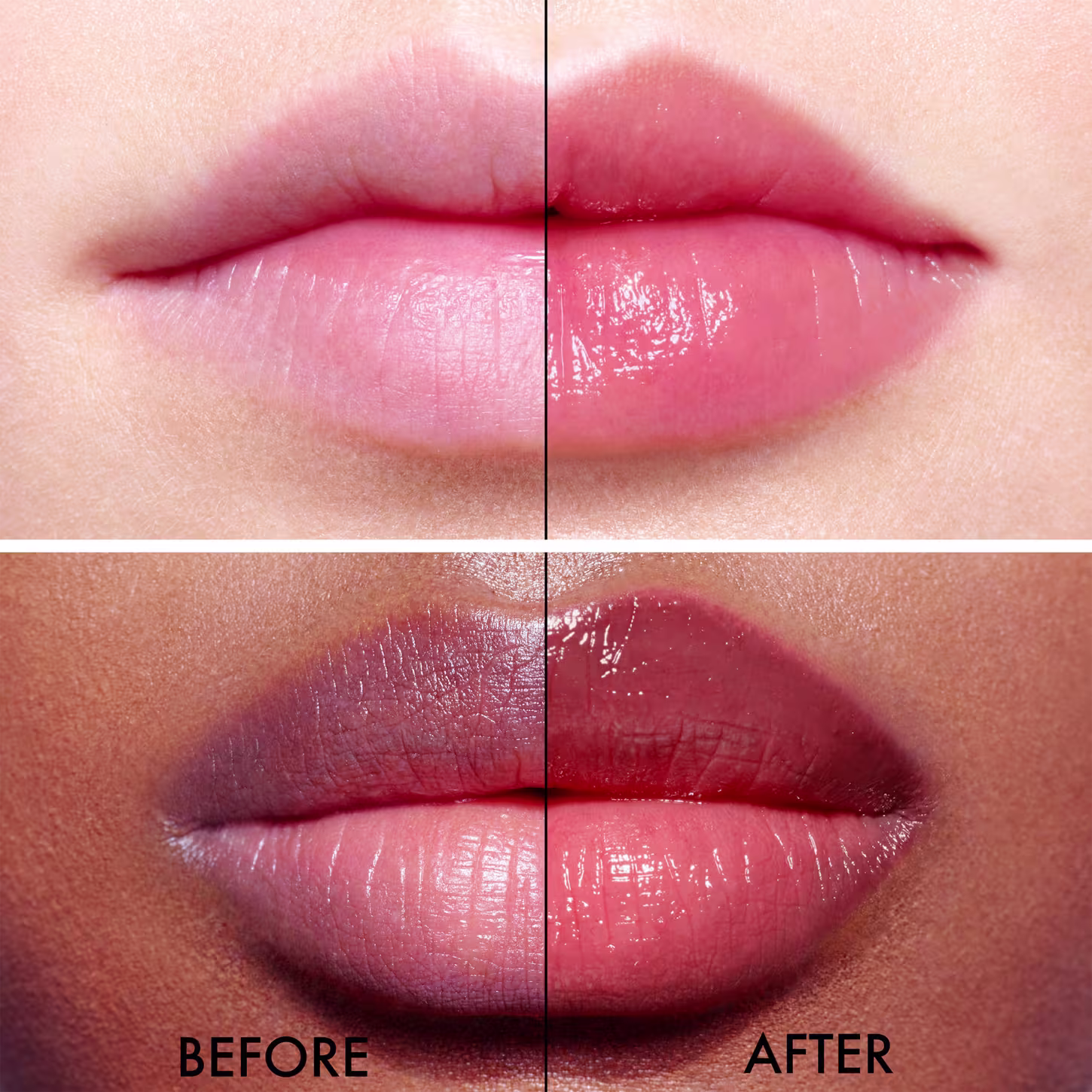 Antes e depois da aplicação do balm, sendo o depois com os lábios mais hidratados.