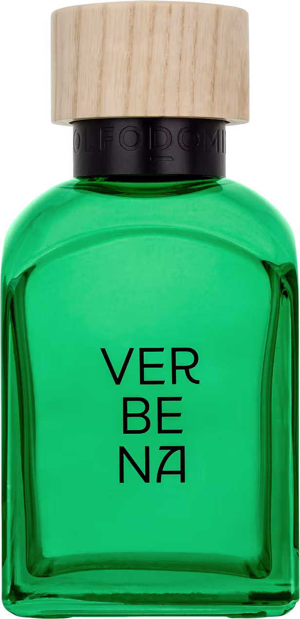 Frasco de perfume da marca Adolfo Dominguez, com um design moderno e minimalista. O frasco possui uma forma cilíndrica com uma tampa de madeira, e a cor predominante é um verde vibrante. O rótulo do produto exibe o nome "VERBENA" em letras pretas.
