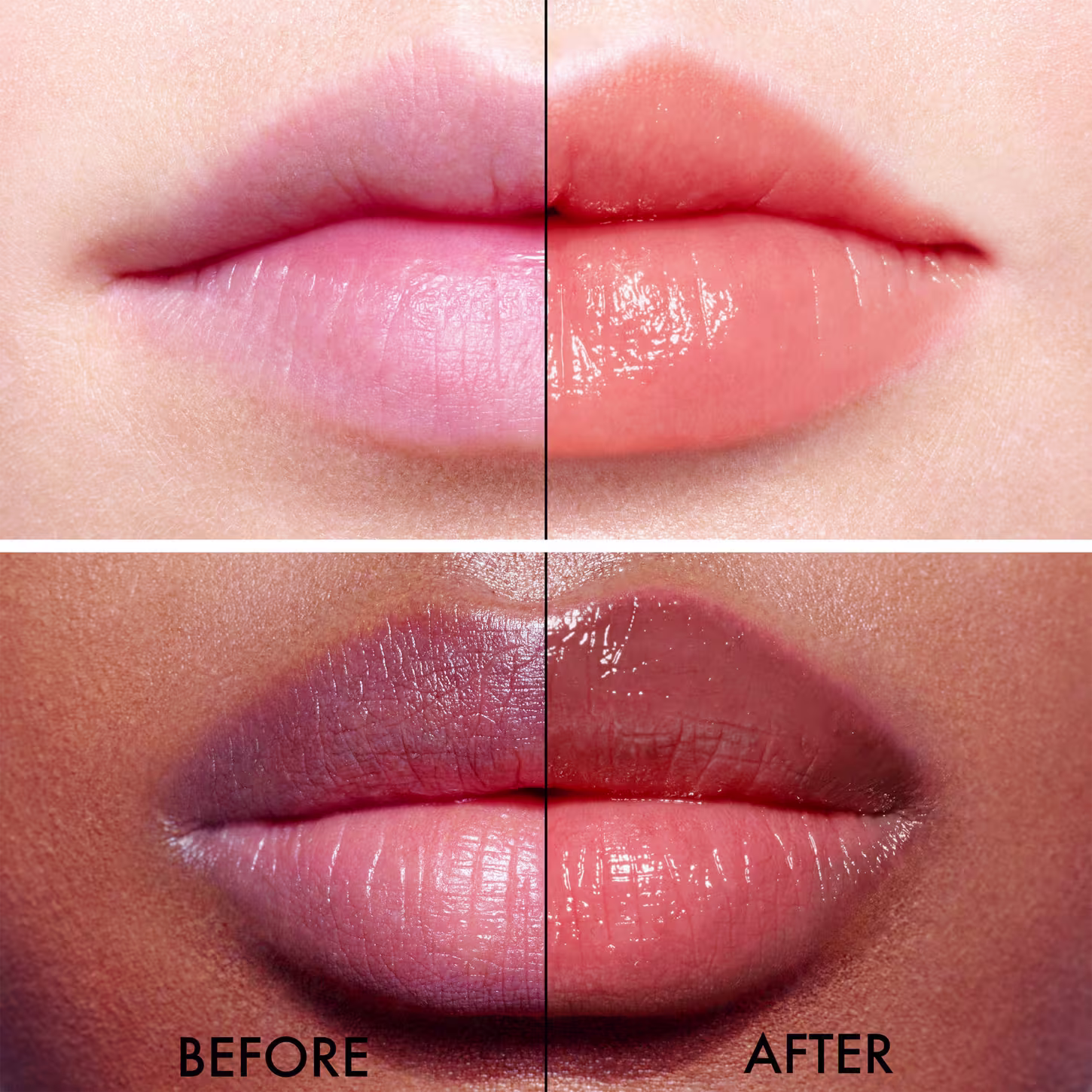 Antes e depois da aplicação do balm, sendo o depois com os lábios mais hidratados.