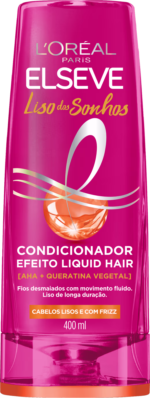 Frasco rosa de condicionador Elseve Liso dos Sonhos, com 400 ml de volume, contendo informações sobre sua fórmula com AHA e queratina vegetal para cabelos lisos e com frizz.