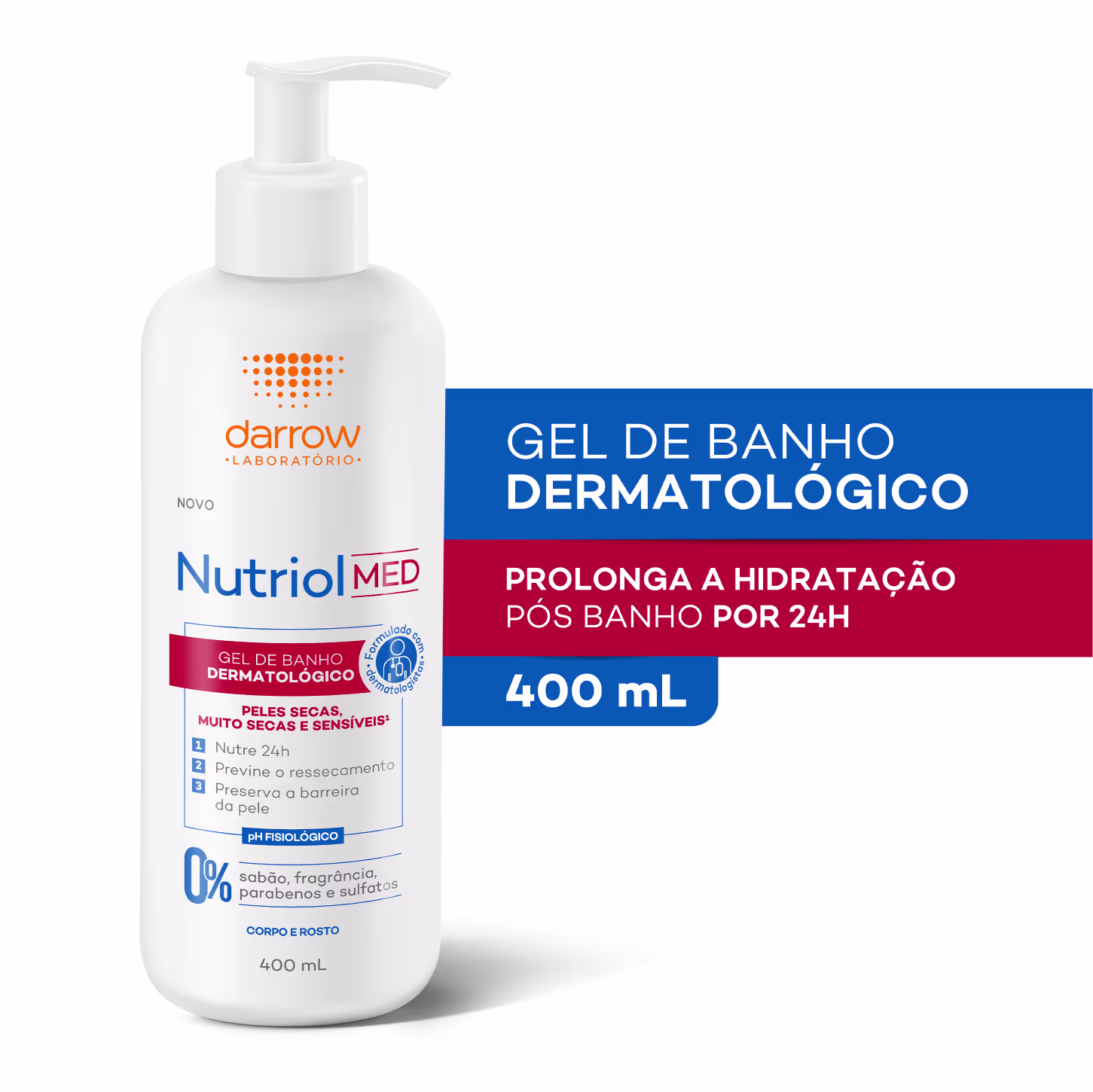 A embalagem é um frasco branco com uma bomba doseadora. O rótulo destaca as principais características do produto, como prolongar a hidratação por 24 horas e ser indicado para peles secas, muito secas e sensíveis. O tamanho é de 400 mL.