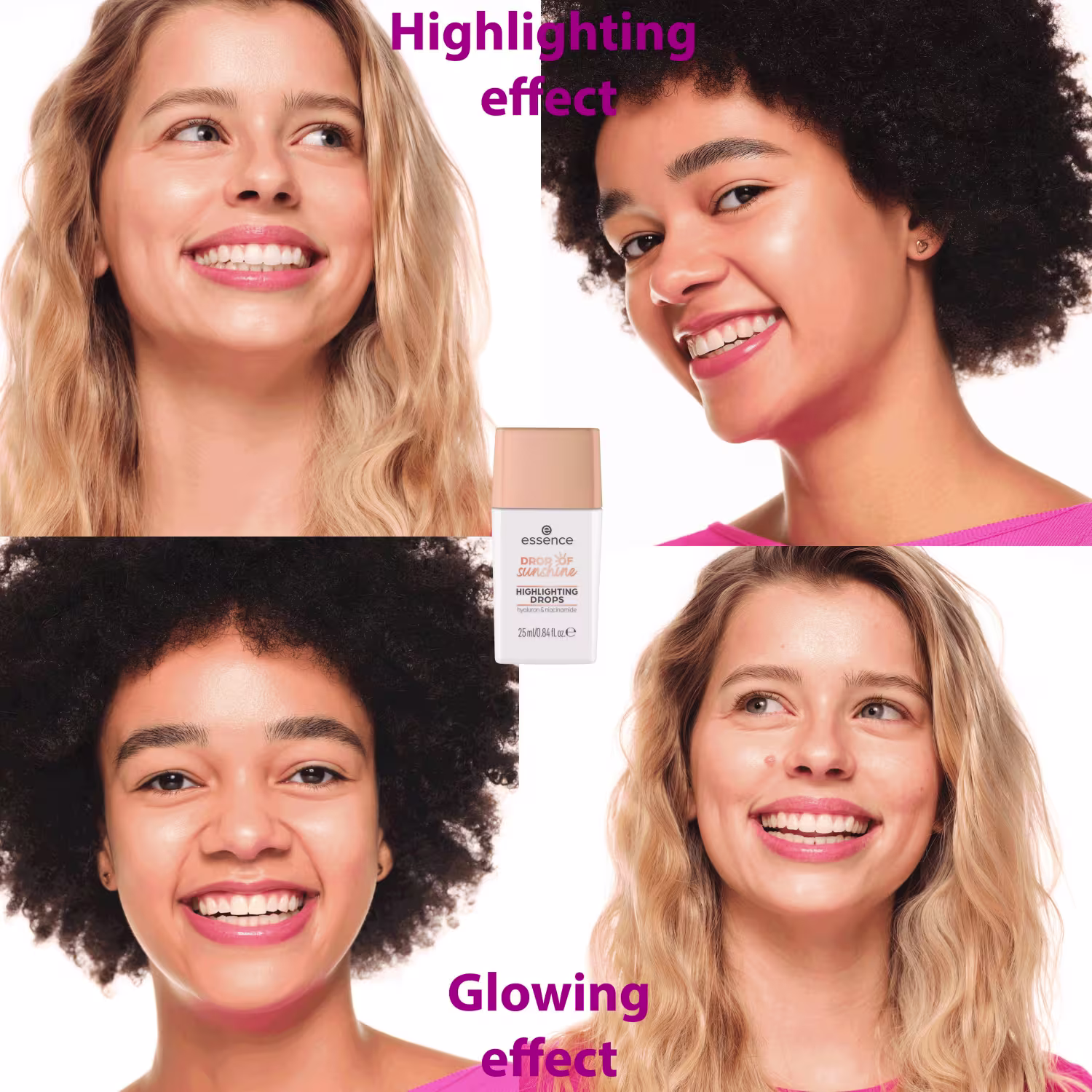 A imagem apresenta dois rostos femininos com diferentes tipos de cabelo e tons de pele, destacando os efeitos de iluminação e brilho proporcionados pelo produto de maquiagem da marca Essence.