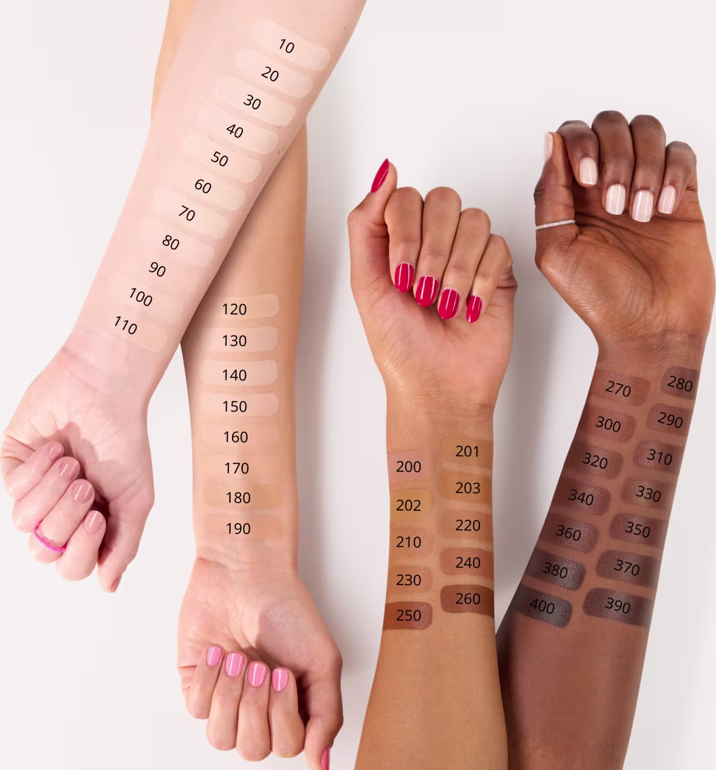 Paleta de cores de maquiagem Essence com diferentes tons de pele representados em uma escala numérica.