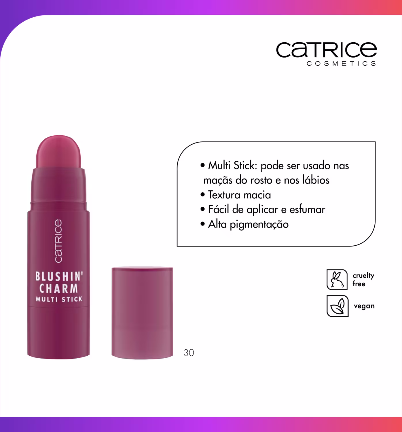 Texto destaca: fácil aplicação e esfumação, com informações sobre sua textura macia e alta pigmentação, pode ser usado nas maçãs do rosto e nos lábios