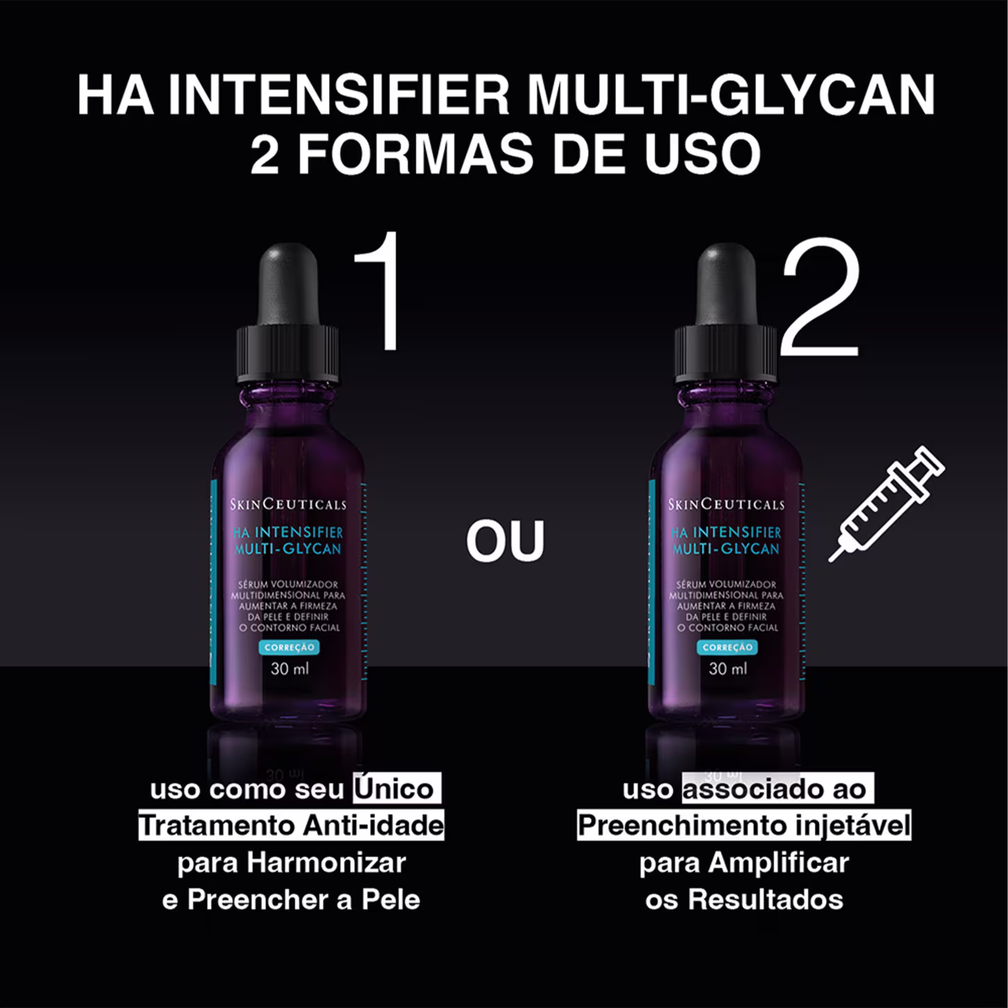 Imagem indica dois modos de uso do sérum HA Intensifier Multi-Glycan da marca SkinCeuticals.