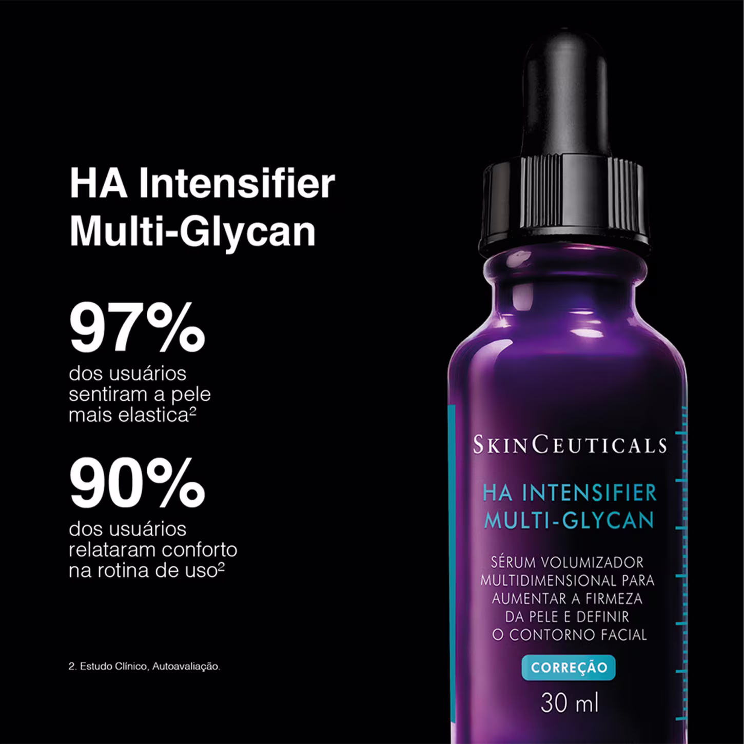 Frasco do sérum HA Intensifier Multi-Glycan da marca SkinCeuticals; 97% dos usuários sentiram a pele mais elástica. 90% dos usuários relataram conforto na rotina de uso.
