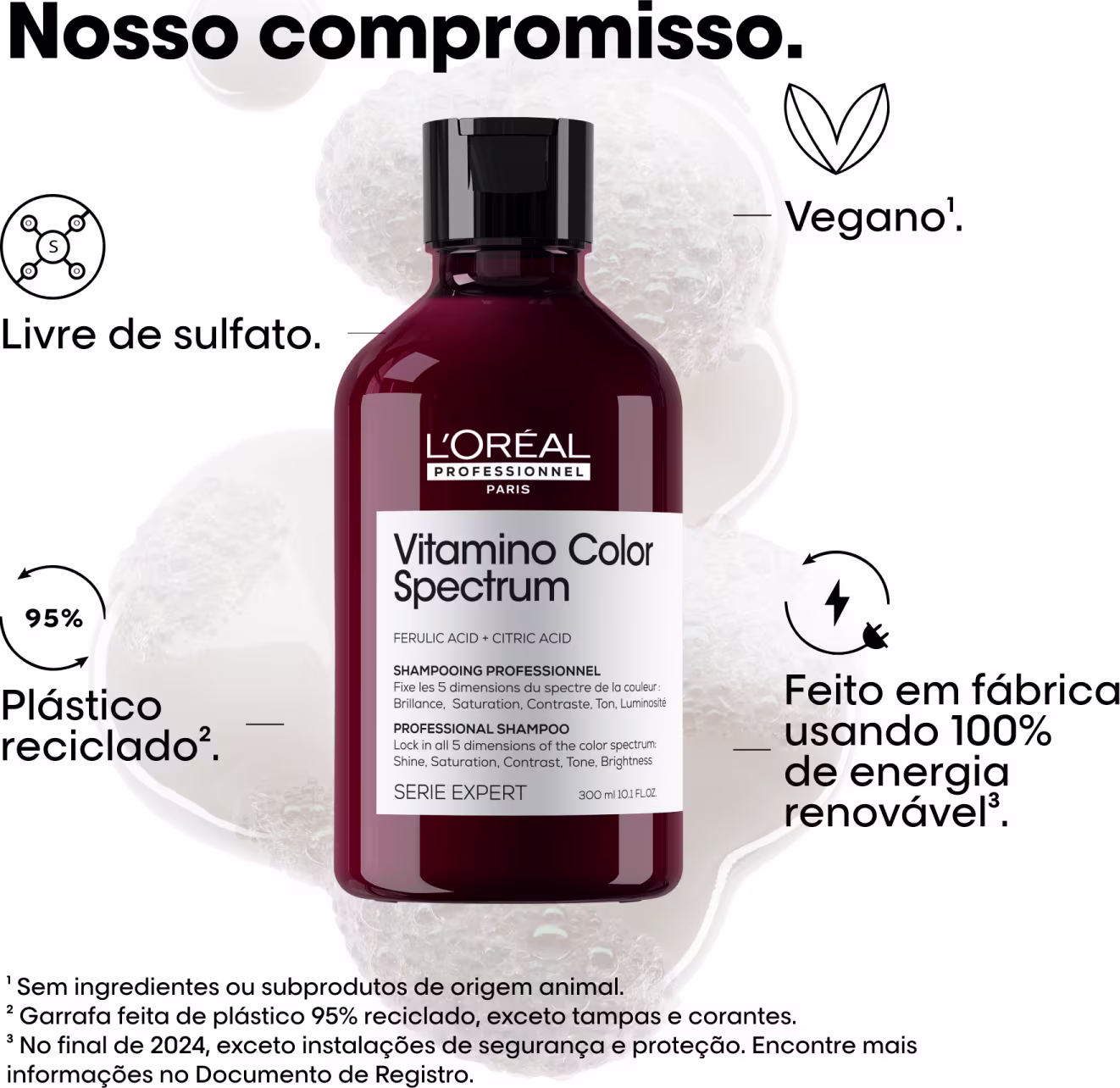 Texto destaca características do produto: livre de sulfato, vegano, utilização de 100% de energia renovável na fabricação e o uso de plástico reciclado