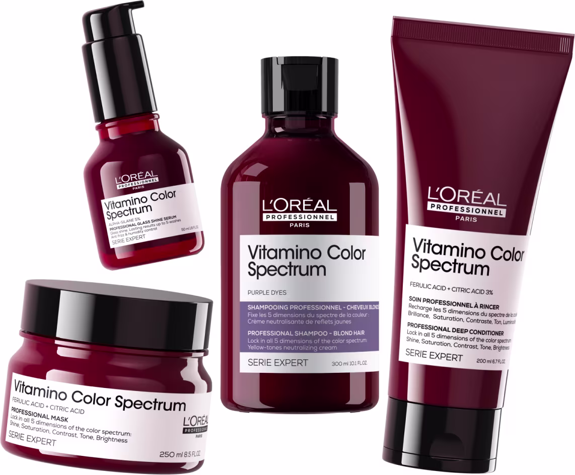 A imagem mostra a linha completa L'Oréal Professionnel Vitamino Color Spectrum com shampoo, condicionador, máscara e sérum