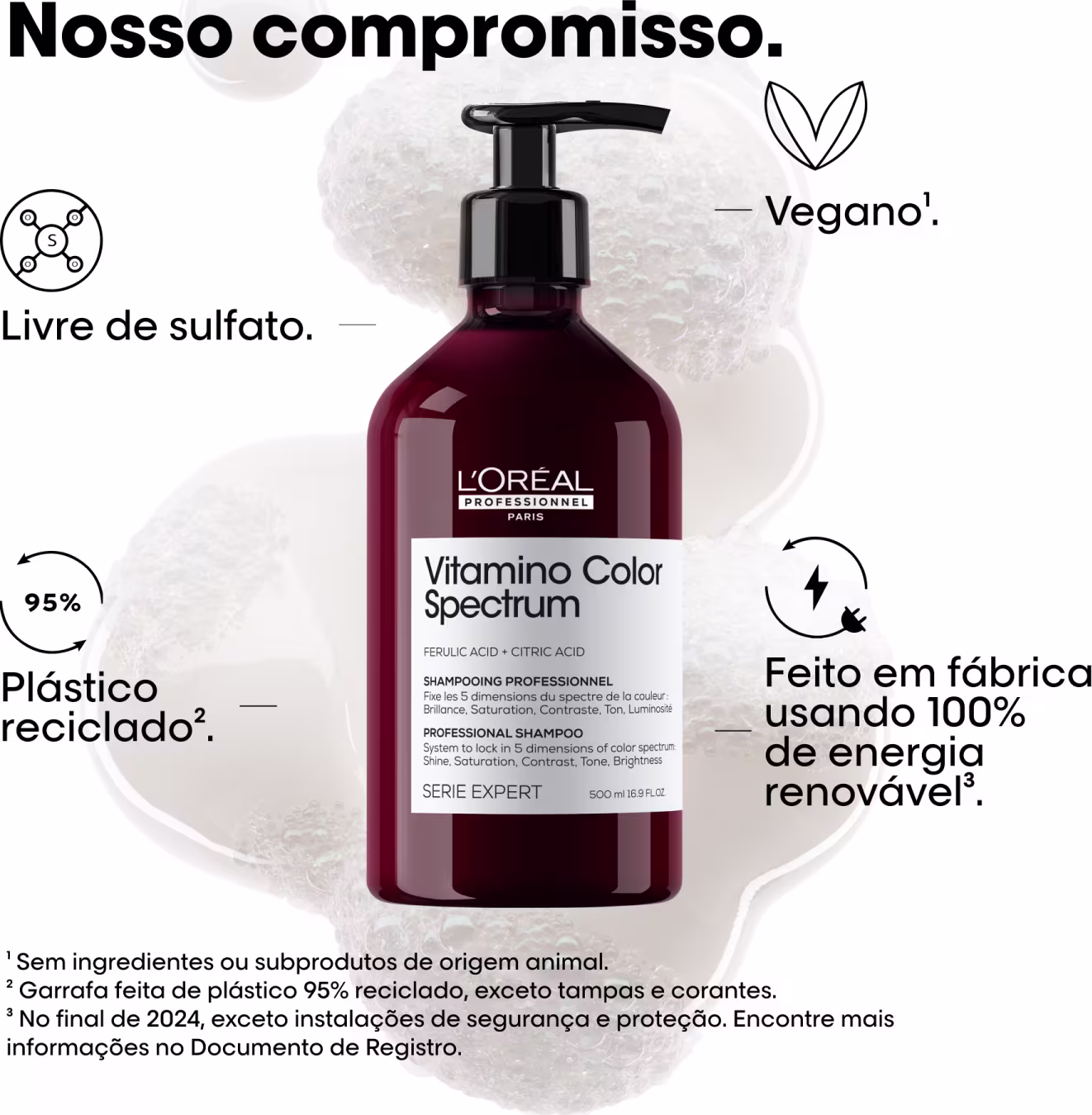 Texto destaca características do produto: livre de sulfato, vegano, utilização de 100% de energia renovável na fabricação e o uso de plástico reciclado