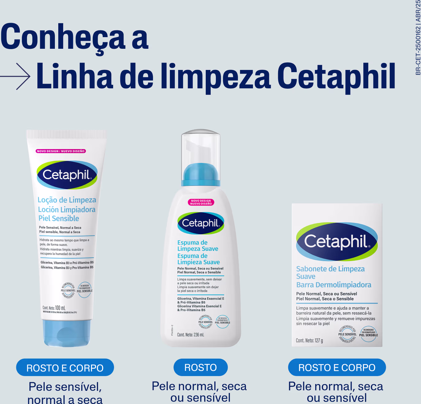 Conheça a Linha de limpeza Cetaphil: Loção de Limpeza, Espuma de Limpeza Suave e Sabonete de Limpeza Suave para pele normal, seca ou sensível.