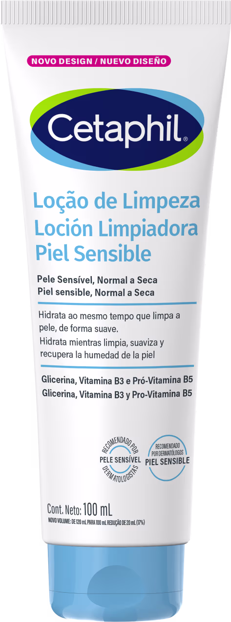 Tubo de limpeza facial da marca Cetaphil, com 100 ml de conteúdo. O rótulo apresenta o nome da marca em destaque, junto com a descrição "Loção de Limpeza Piel Sensible" e informações sobre os ingredientes e benefícios do produto.