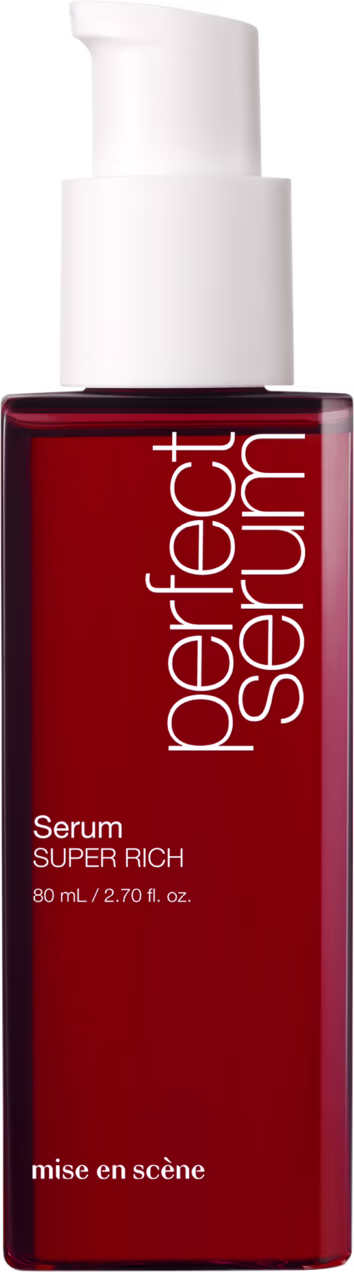Frasco de soro da marca Mise en Scène, com embalagem vermelha e branca, contendo 80 ml do produto "Perfect Serum Super Rich"