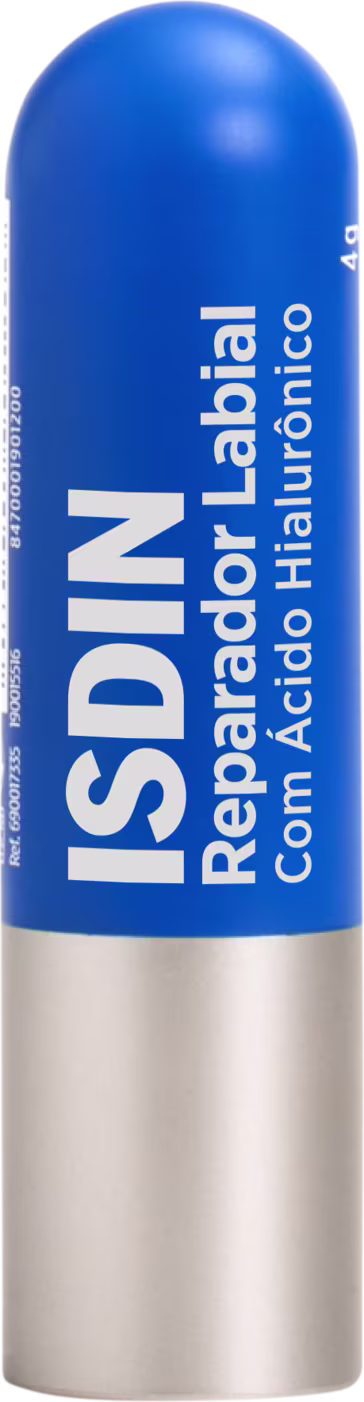 Produto de beleza ISDIN em embalagem cilíndrica azul e branca, com o nome "ISDIN Reparador Labial" impresso. O produto parece ser um bálsamo labial ou protetor labial.