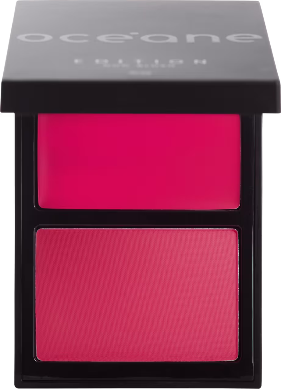 Paleta Océane contendo dois compartimentos de blush em tons de rosa, apresentando uma paleta compacta e elegante de maquiagem.