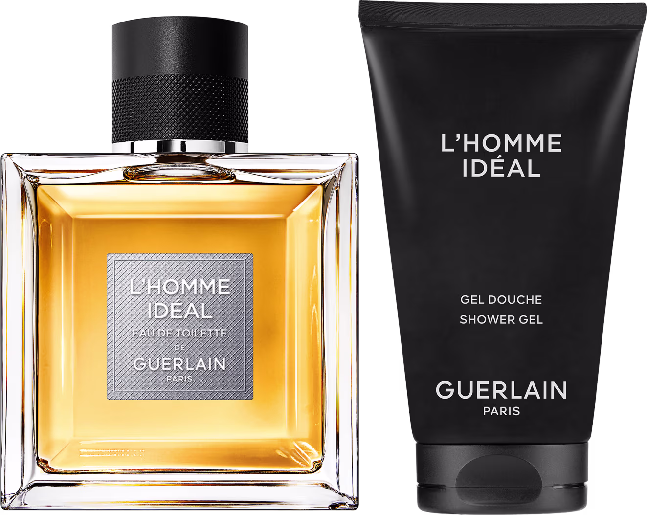 Frasco de perfume L'Homme Ideal da Guerlain em embalagem de vidro com tampa preta e rótulo prateado. Gel de banho L'Homme Ideal da Guerlain em embalagem preta com texto branco.