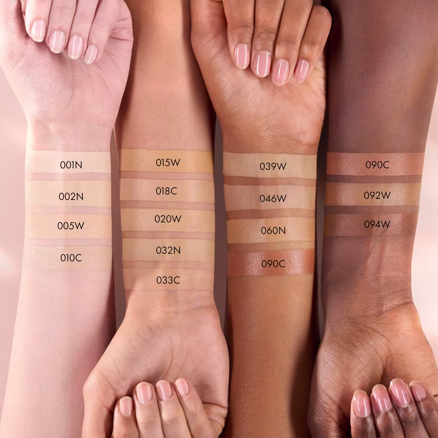Imagem de amostras das cores dos corretivos em diferentes tons de pele.
