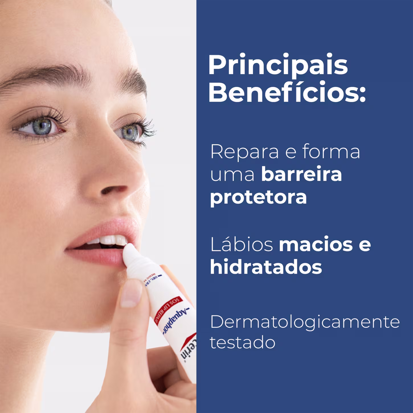 Imagem mostra rosto feminino aplicando produto de cuidados para pele da marca Eucerin, com texto "Principais Benefícios: Repara e forma uma barreira protetora, Lábios macios e hidratados, Dermatologicamente testado".