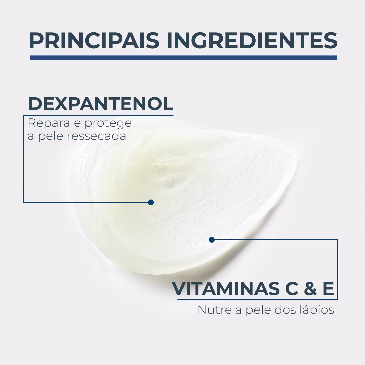 Textura de produto de cuidados para pele com aspecto cremoso, brilhante e translúcido, apresentado em recipiente branco com rótulo azul contendo os principais ingredientes Dexpantenol e Vitaminas C e E.
