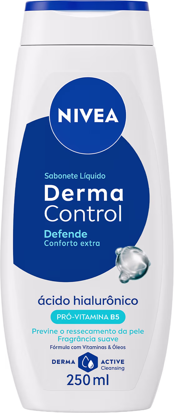 Frasco branco e azul da linha Derma Control da Nivea, com 250 ml de sabonete líquido para pele, contendo ácido hialurônico e pró-vitamina B5 para prevenir o ressecamento da pele.